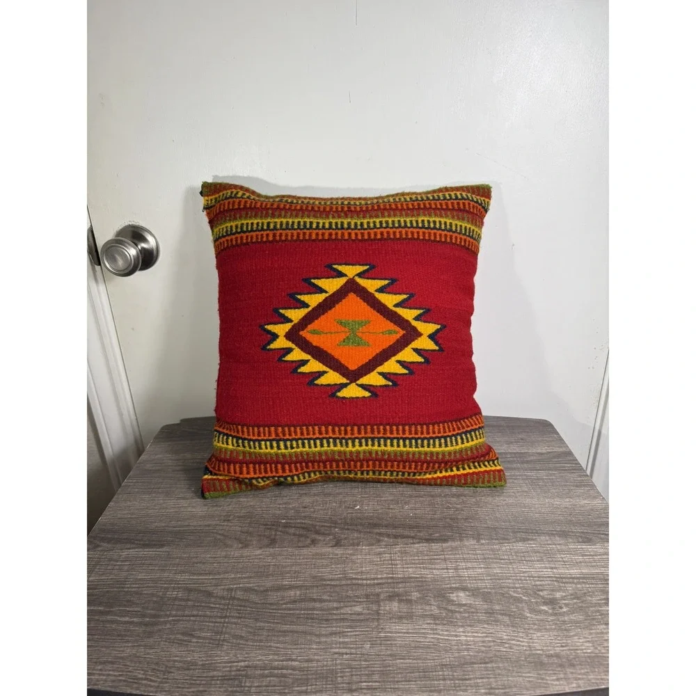 Zapotec Motif Wool Plush Pillow Southwestern Aztec Style